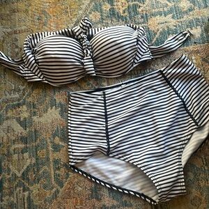 Matching black and white striped vintage swim set